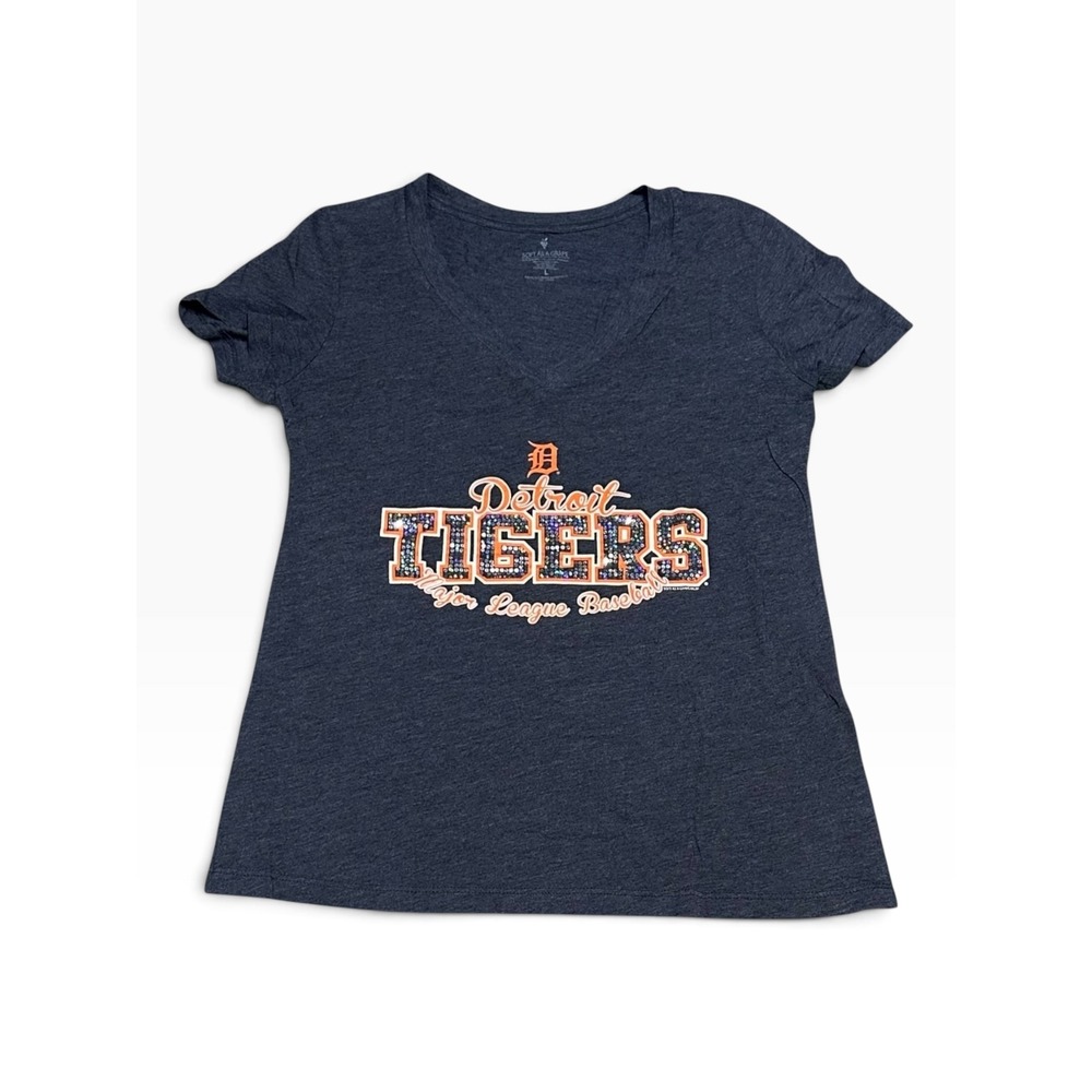 Soft As A Grape Detroit Tigers T-Shirt Womens Large Heathered Blue Sequin MLB